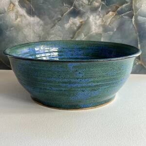 Art Studio Pottery Bowl 10.5x4 ” Stoneware Blue & Green Speckled MM Stamped